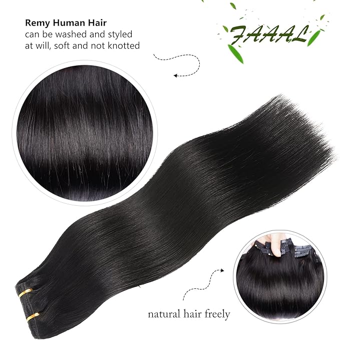 14" Clip in Human Hair Extensions Full Head 110g 7 Pieces 16 Clips 1# Jet Black Double Weft Brazilian Real Remy Hair Extensions Thick Straight Silky (14",110g Jet Black)