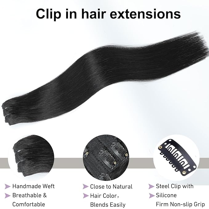 Clip in Hair Extensions Real Human Hair Jet Black 20 inch 7pcs 80g/Pack, Human Hair Clip in Extensions, Salon-Grade Quality, Easy Comfort Wear for Women (#1, 20 inch)