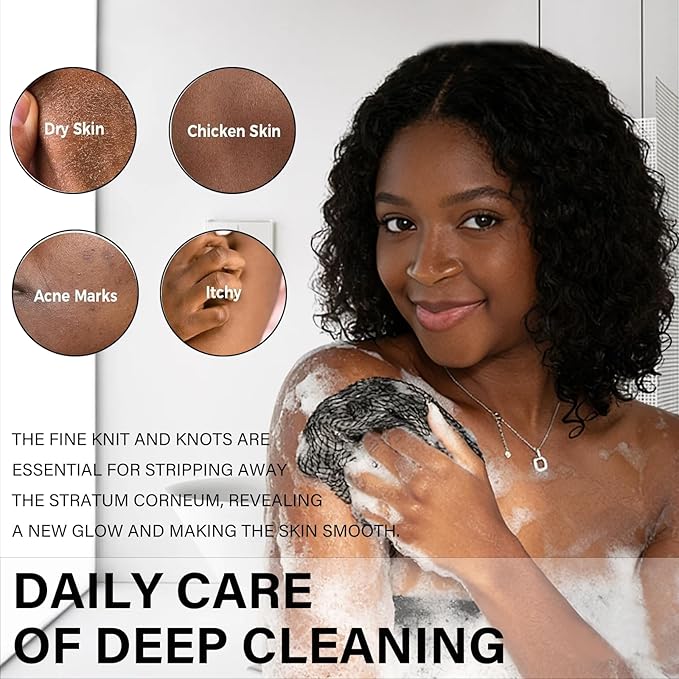 African Exfoliating Body Net Sponge, Ember and Root African Net Sponge, Exfoliating Towel, Gentle Exfoliation, Exfoliating Washcloth Face & Body Scrub Towel for All Skin Types (Black)