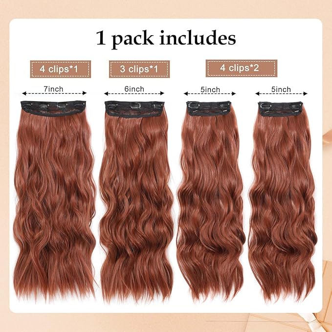 Clip in Hair Extensions 4 PCS 20 Inch Auburn Long Wavy Hair Extensions, Natural Soft Hair Double Weft Hairpieces for Women (350#, 20INCH)