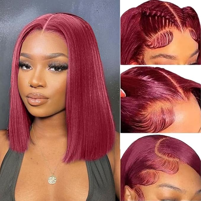 LICHANG 13x4 99J Straight Lace Front Wigs Human Hair Pre Plucked with Baby Hair for Black Women Glueless 12 Inch