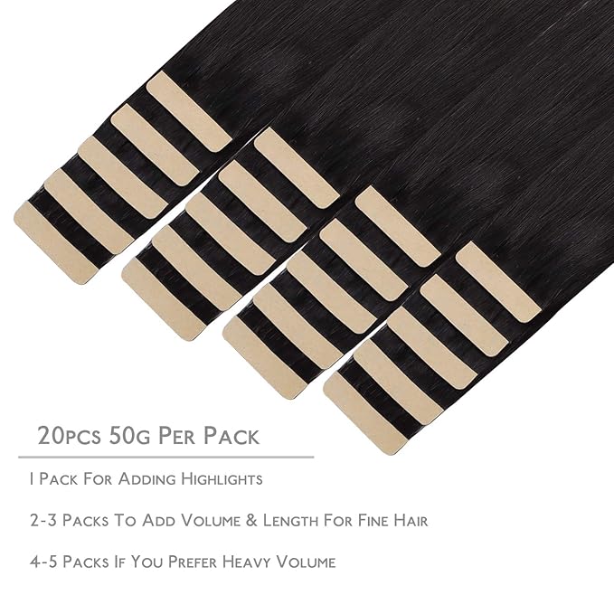 WENNALIFE Tape in Hair Extensions Human Hair, 20pcs 60g 26 inch Natural Black Remy Hair Extensions Straight Human Hair Tape in Extensions Skin Weft Tape Extensions Human Hair