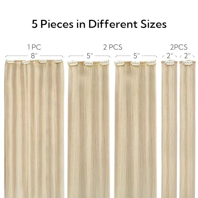 HOTBANANA Clip in hair Extensions, Ash Blonde Highlighted Platinum Blonde 5pcs Clip in Hair Extensions Real Human Hair Straight Remy Hair Extensions 16inch 85g