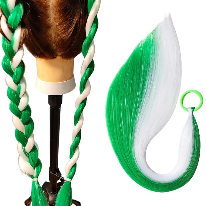 White and Green Hair Extensions for Braids Ponytail Extension 2 Packs, 20 inch Crazy Hair Day Accessories for Women, DIY Festival Wacky Rave Braids for Women,Tinsel Mixed