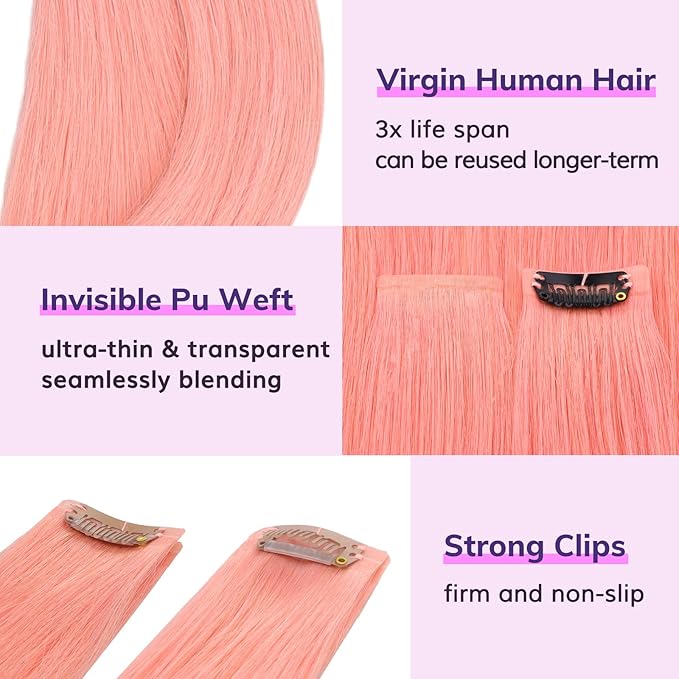 IDN BEAUTY Seamless Clip In Hair Extensions Human Hair, 24 Inch 40g 6Pcs Pink Straight Real Virgin Human Hair Seamless Clip Ins For Black Women PU Weft Invisible Edge