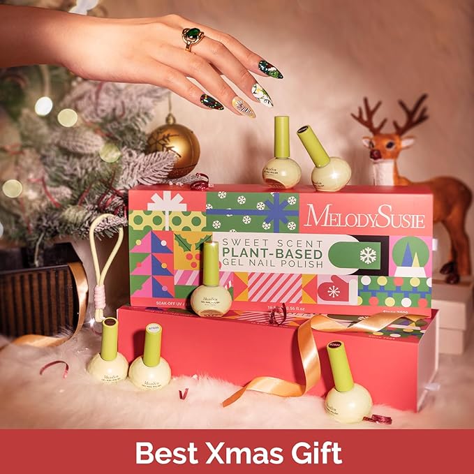 MelodySusie Highly Pigmented Gel Nail Polish Set, 0.56 fl.oz Tilt-and-Stand Bottle, HEMA Free Plant-Based Formula, 6 Colors Christmas, Soak Off UV LED Manicure Kit Gift Box(Red Green Glitter Gold)