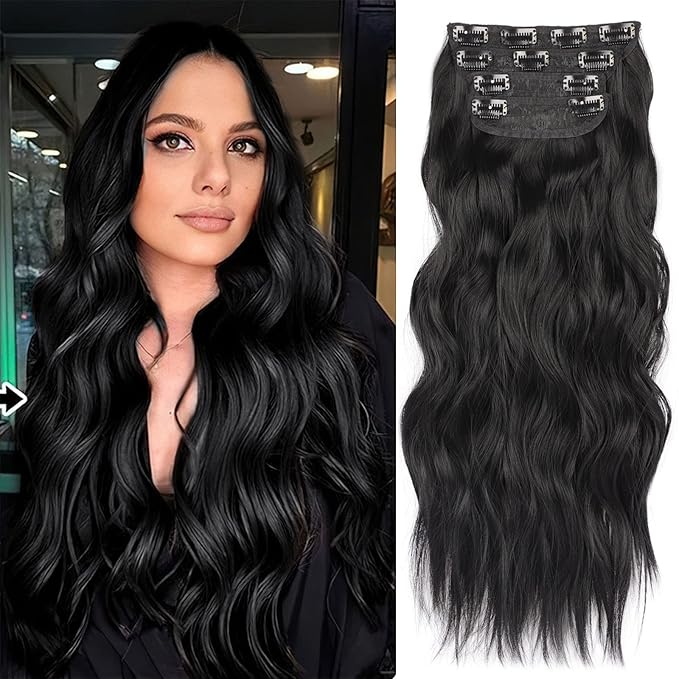 20Inch Jet Black Hair Extensions Clip in Hair Extension for Women 4PCS Long Wavy Hair Extension Clip Ins Thick Hairpieces Double Weft Natural Wave Synthetic Clip on Hair Extensions (20INCH, 1B)