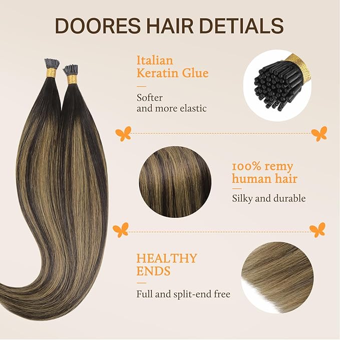 DOORES I Tip Hair Extensions, 18 Inch 100g 200s, Chocolate Brown to Caramel Blonde, Straight, Cold Fusion Technology