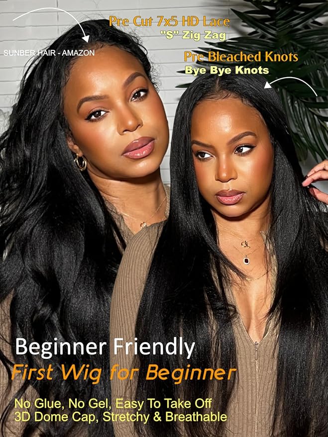 Sunber Yaki Straight Human Hair Bye Bye Knots Pre Cut 7x5 Lace Front Wigs with Drawstring Upgrade 3D Cap Put On and Go 3S Wear Glueless Yaki Wigs Pre Plucked Pre Bleached Invisible Knots 26Inch