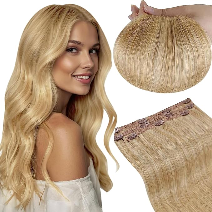 RUNATURE Clip in Hair Extensions Blonde Real Human Hair Clip in Extensions, Short Clip Hair Extensions Human Hair Blonde Highlights Remy Hair Add Hair Volume 12 Inch 50g 3pcs #16P24