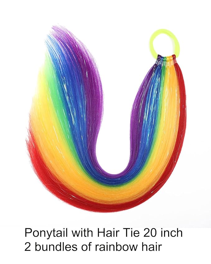 Colored Hair Extensions Rainbow Ponytail Extension 2 Packs, 20 inch Crazy Hair Day Accessories for Women, DIY Festival Wacky Rave Braids,Tinsel Mixed