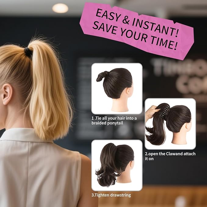 Ponytail Hair Extensions, 12 Inch Claw Clip Ponytail Hair Extensions for Women, Chin Clip Wigs, Soft Synthetic Wigs-Wine Red with Dark Root