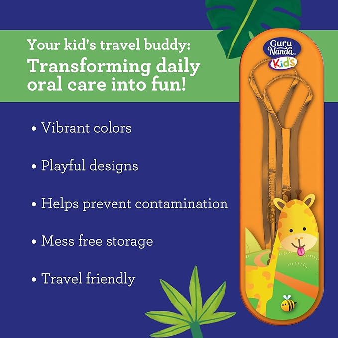 GuruNanda Kids Tongue Scraper (2-Pack) with Travel Case, Stainless Steel, Aids in Fresh Breath - Travel-Friendly Tongue Cleaner (Green/Pink/Orange)