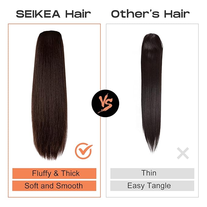 SEIKEA 28" Ponytail Extensions Drawstring Long Straight Fake Pony Tail Natural Soft Clip in Hair Extension Synthetic Heat Resistant Hairpiece - Dark Brown
