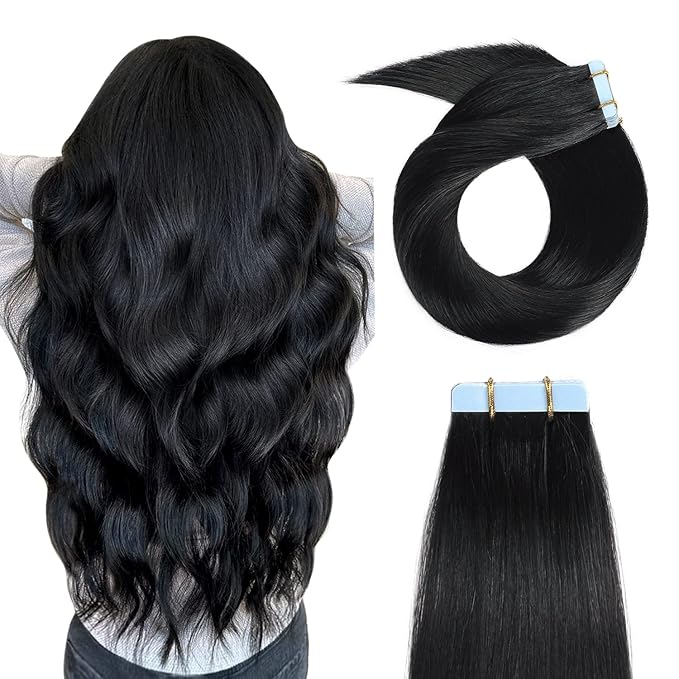Yilite Tape in Hair Extensions - Human Hair, Silky Straight Remy, 20pcs 50g Jet Black, 18 inches