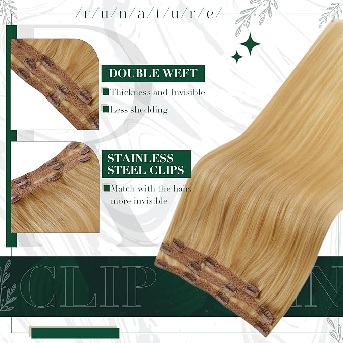 RUANTURE Blonde Human Hair Clip in Extensions, 20 Inch Clip in Hair Extensions Real Human Hair, Long Hair Extensions Clip Ins, Add Hair Length, 50g 3pcs #16P24 Golden Blonde Highlights