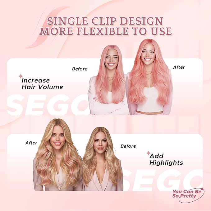 SEGO Single Pink Clip In Hair Extensions Real Human Hair 6 Pcs Individual Colored Clip Ins Highlight Remy Balayage Straight Soft Seamless Hairpieces for Women -16 Inch #Pink