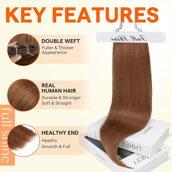 Full Shine Sew In Hair Extensions Real Human Hair Copper Brown Hair Extensions Sew In Machine Tied Weft Extensions Straight Hair Invisible Weft Human Hair For Women 100G 14 Inch