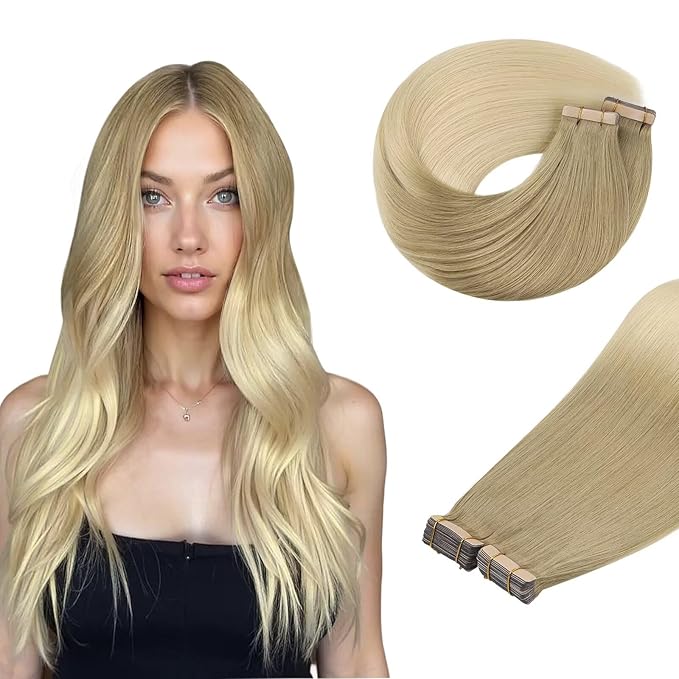 DOORES Tape in Extensions Real Human Hair, Light Brown to Golden Platinum Blonde 20 Inch 100g 40pcs, Remy Human Hair Extensions Tape in Hair Extensions for Women