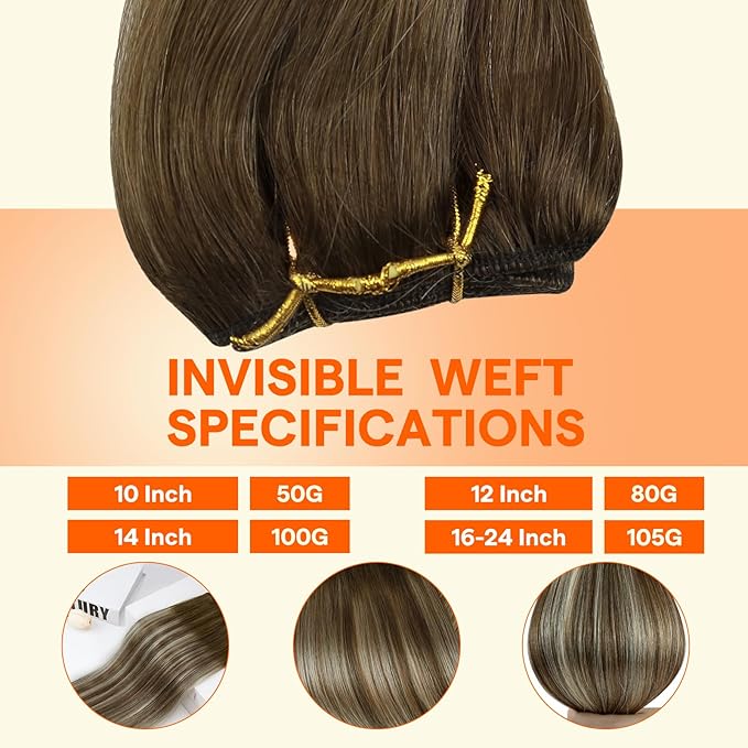 Full Shine Weft Hair Extensions Human Hair #3/8/22 Balayage Sew in Hair Extensions Real Human Hair Ombre Walnut Brown to Light Brown with Butter Blonde Sew in Weft Bundles 18 Inch 105g