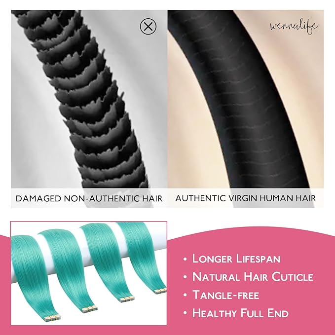 WENNALIFE Tape in Hair Extensions Human Hair Teal Green Tape in Extensions, 10pcs 30g 24 inch Remy Invisible Tape Ins Straight Colored Soft Real Human Hair Tape in Extensions Refill Set Extensions