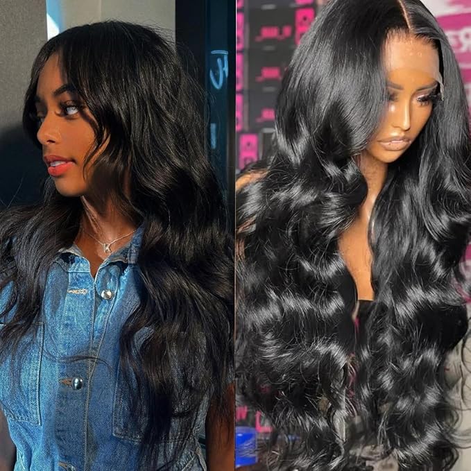 13x6 Body Wave Lace Front Wigs Human Hair Pre Plucked 200% Density HD Transparent Lace Frontal Wigs Human Hair With Baby Hair Natural Black 26 Inch