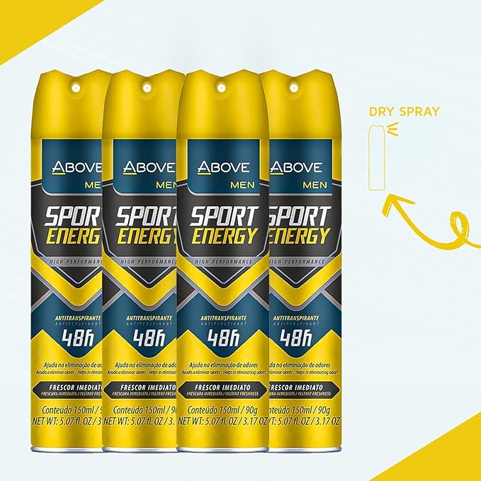 ABOVE Sport Energy - 48 Hours Antiperspirant Deodorant for Men - Woody, Floral Fragrance - Dry Spray Protects Against Sweat and Body Odor - Delivers Instant Freshness - Alcohol Free - 4 pc