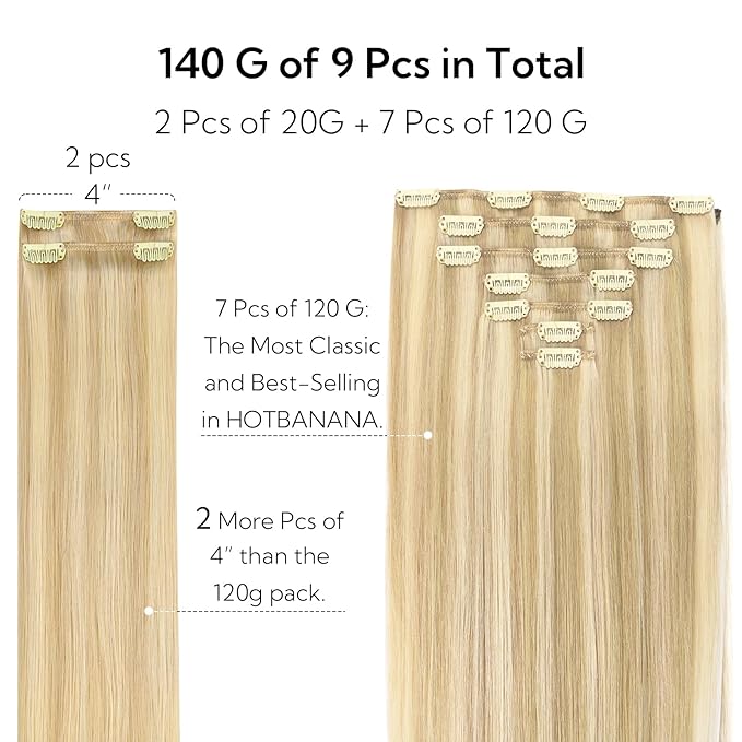 HOTBANANA Clip in Hair Extensions Real Human Hair, 135g 9pcs 14 inch Dirty Blonde Mixed Bleach Blonde Straight Remy Clip in Extensions Full Head for Women