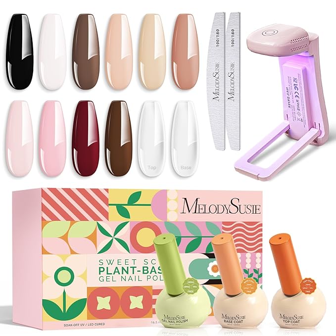 MelodySusie Highly Pigmented Gel Nail Polish Set with Mini UV Light, Plant-Based Formula, 10 Nude Colors + 2 Glassy Top & Base Coat, 16.5ml Tilt-and-Stand Bottle, Gift for Nail Art at Home