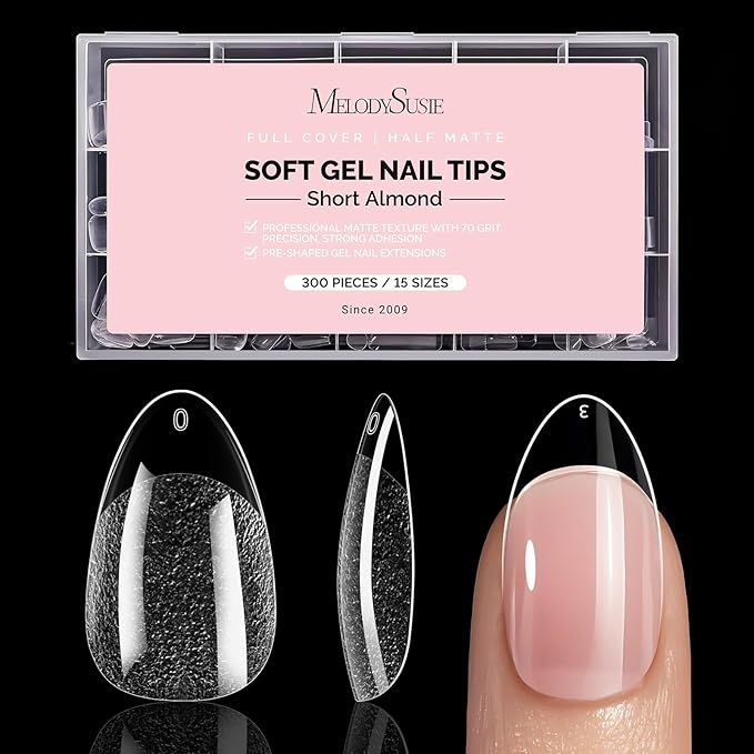 MelodySusie Short Almond X Nail Tips - 300Pcs 15Sizes Clear Acrylic,Half Matte Full Cover Press on Nails for DIY Extension & Salon Use, Pre-Shaped for Long-Lasting Manicure