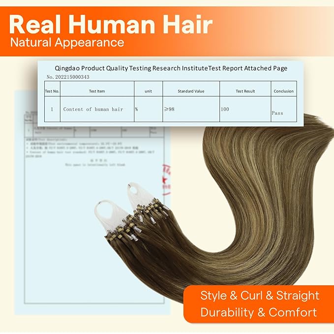 Full Shine Micro Ring Human Hair Extensions Color 4/24/4 Brown and Blonde Balayage Micro Link Hair Extensions 16 Inch Natural Remy Hair 50G with 7G Micro Beads add Volume