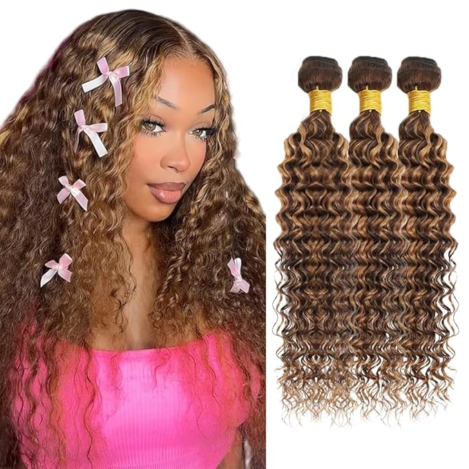 28 30 32 inch WuvuSnm P427 Human Hair Bundles Highlight Deep Wave Bundles Dark Brown Human Hair Bundle 150g