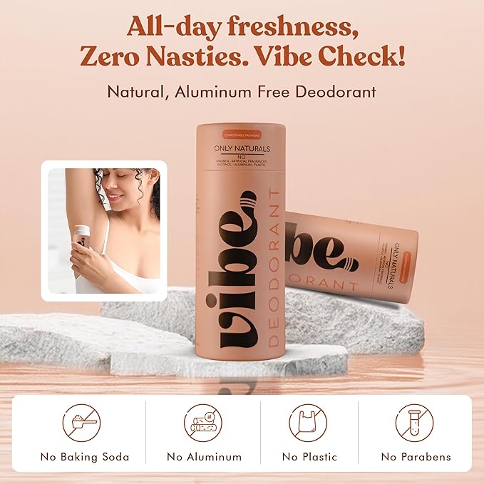 Vibe Aluminum Free Natural Deodorant for Women and Men - Long Lasting Odor Control with Organic Coconut Oil and Beeswax for Sensitive Skin, No Baking Soda or Parabens, Plastic Free (Rose)