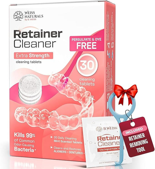 Weiss Naturals Retainer Cleaning Tablets, Invisalign Cleaner, Remove Stains, Odors & Plaque, FSA & HSA Eligible, Night Guard Cleaner PERSULFATE & DYE-FREE 1-Month Supply, Denture Cleaners, 30 Tablets