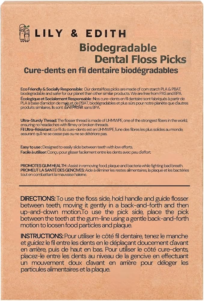 LILY & EDITH Plant Based Dental Floss Picks Adults and Kids 300 Counts, Fluoride-Free, Plant Based Straw Wheat, Earth Friend, Zero Waste Package, Shred Resistant (Unflavored)