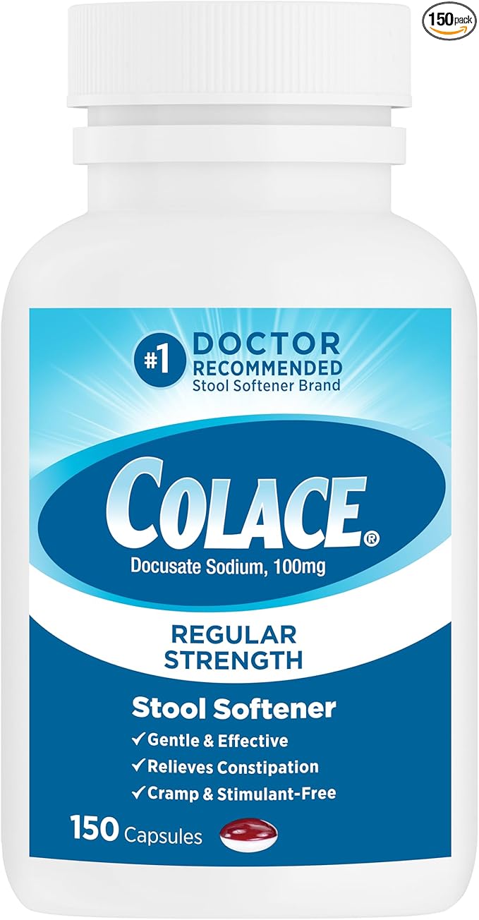 Colace Stool Softener 100 mg, 150 Capsules, Constipation Relief, Docusate Sodium, Gentle Docusate, Stimulant-Free, Regular Strength, #1 Doctor Recommended Stool Softener Brand