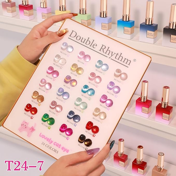 Double Rhythm 28Pcs 0.5Oz Cat Eye Gel Nail Polish Set Same Color Same Bottle Soak Off Magnetic Gel Polish Kit Nail Art Manicure Salon DIY at Home (Silver Gold Red Black-T24-7)