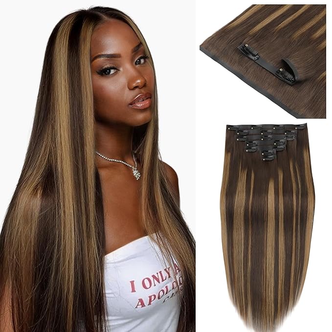 IDN BEAUTY Seamless Clip In Hair Extensions Human Hair 4/27/4 Balayage Chocolate Brown to Caramel Blonde Straight Seamless Clip Ins For Black Women PU Weft Invisible Edge 110g 24 Inch 7pcs