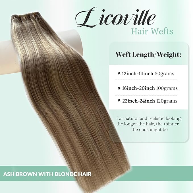 Human Hair Weft Extensions Sew in Blonde Highlight Bundles Real Human Hair Extensions 24 Inch Long Straight Hand Tied Weave Bundles Ash Brown Mix Platinum Blonde Highlight Extensions for Women 120G