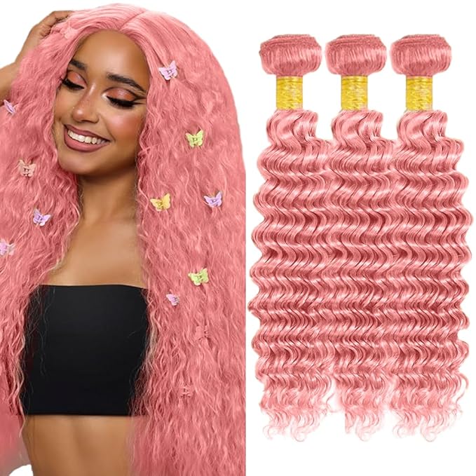Pink Human Hair Bundles Light Pink Deep Wave Bundles Peruvian Grade 8A Virgin Remy Hair Extensions 24 26 28 Inch Double Weft Hair Weave