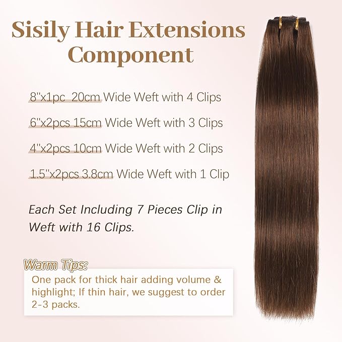 Sisily Clip in Hair Extensions Real Human Hair, Premium Human Hair Clip in Extensions Chocolate Brown, Soft Straight Hair Extensions Real Human Hair Clip ins 7PCS Double Weft（16 Inch #4）