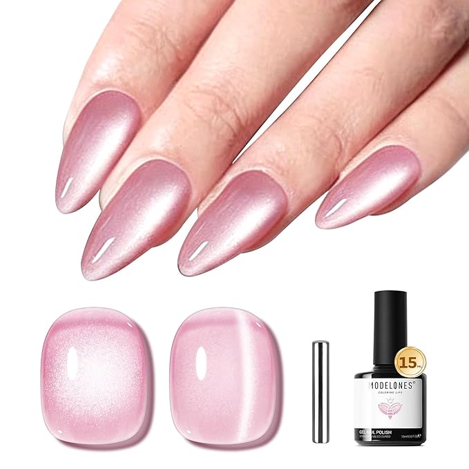 modelones Pink Cat Eye Gel Polish Slik Glitter Holographic Jelly Glass Cat Eye Light Rose Shimmer Reflective Translucent U v Gel Magnetic Nail Polish 15 ML