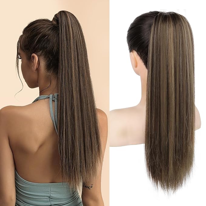 SEIKEA Ponytail Extensions Drawstring Long Straight Fake Pony Tail Natural Soft Clip in Hair Extension Synthetic Heat Resistant Hairpiece 20 Inch Chocolate Brown with Highlights