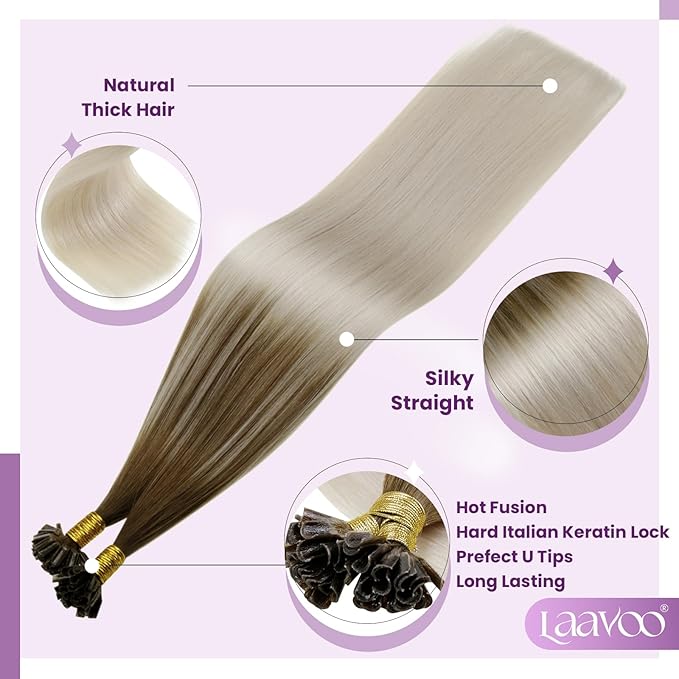 LaaVoo U Tip Hair Extensions Human Hair Light Brown Fading to Light Blonde Ombre Ktip Human Hair Extensions 18 inch 1g/1s 50set