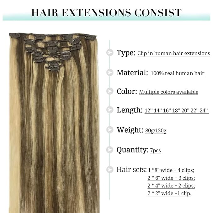 DOORES Hair Extensions Clip in Human Hair Medium Brown Highlighted Golden Blonde 120g 7pcs 18 Inch Remy Clip in Human Hair Extensions Natural Human Hair Extensions