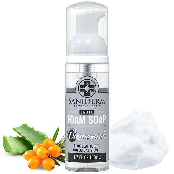 Saniderm Foaming Tattoo Soap (1.7oz Travel Size) – Gentle Soap for Tattooed Skin, Infused with Antimicrobial Colloidal Silver, Aloe Vera, and Nourishing Sea Buckthorn Oil