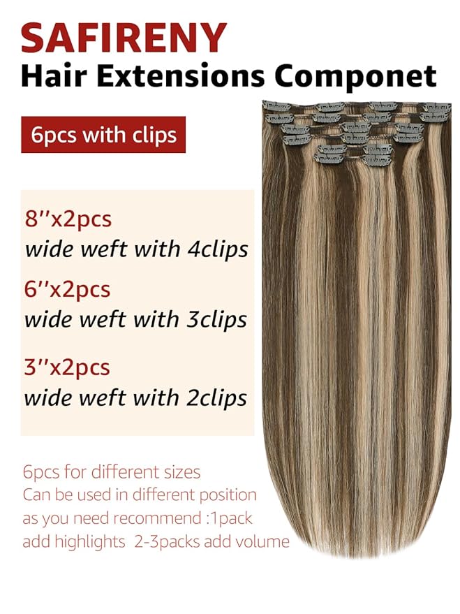 Clip in Hair Extensions Real Human Hair, 16 Inch 100g, Chocolate Brown to Dark Blonde Piano Color, Natural Straight Clip On Hair Extensions 6pcs Per Set with 18 Clips Double drawn(#4P27,16'')