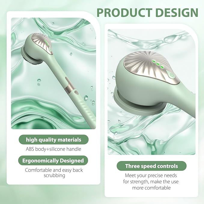 Electric Body Brush Back Scrubber for Shower, Waterproof Long Handle Power Body Scrubber with 6 Heads, Rechargeable Bath Brush & 3 Speeds, for Cleansing, Exfoliating and Massaging Skin (Green)