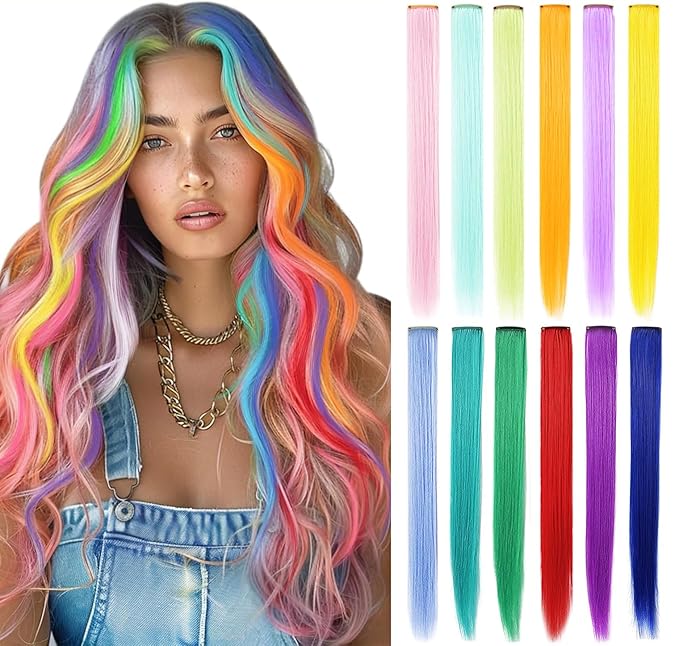 Multi-Colors Clip in Hair Extensions Hair Pieces Colored Party Highlights DIY Hair Accessories Extensions 20 Inches Long Hair for Girls Women