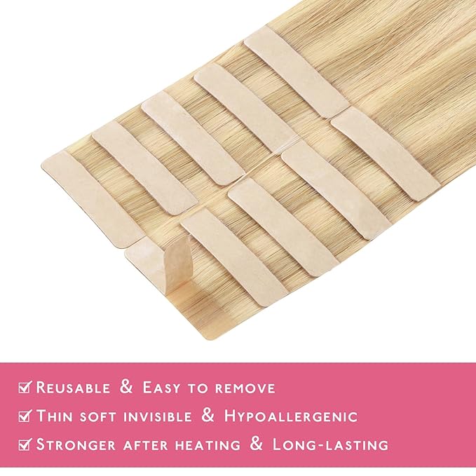 WENNALIFE Tape in Hair Extensions Human Hair Light Blonde Highlighted Golden Blonde Tape in Extensions, 10pcs 30g 26 inch Remy Invisible Tape Ins Straight Soft Real Human Hair Tape in Extensions